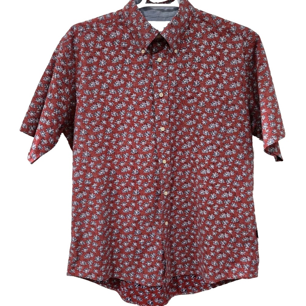 Tommy Hilfiger Mens Y2K Red Floral Sz Large, Short Sleeve Button Up Vintage